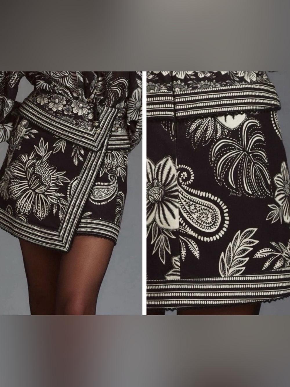 Farm Rio Black Paisley Bloom Cotton Twill Mini Skirt, Size 27